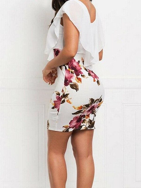 The Best Women Summer Beach Chiffon Ruffle Sleeve Mini Dress V-Neck OL Casual Floral Party Bodycon Sundress New Online - Takalr