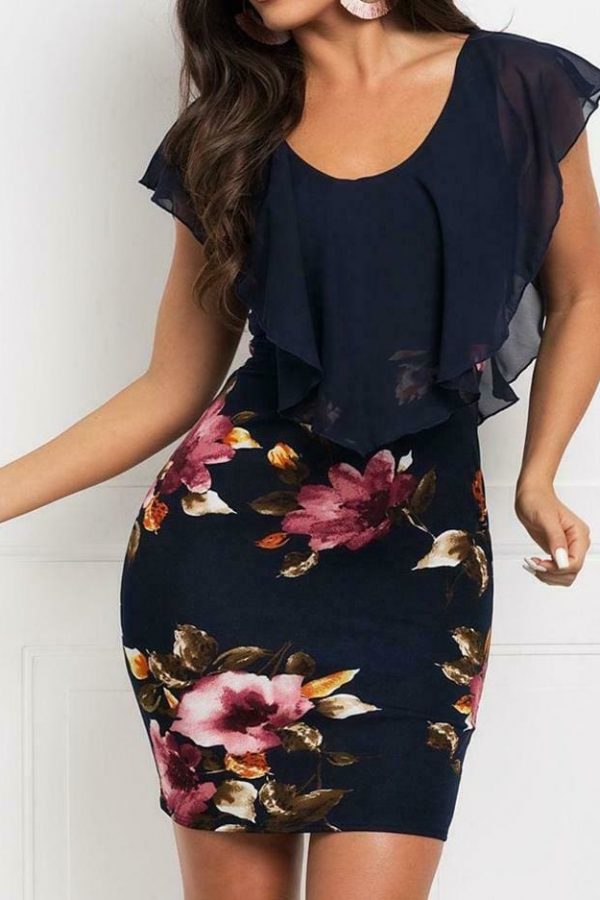 The Best Women Summer Beach Chiffon Ruffle Sleeve Mini Dress V-Neck OL Casual Floral Party Bodycon Sundress New Online - Takalr