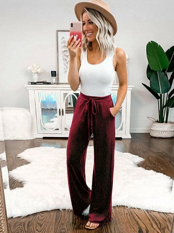 The Best Women Summer Beach High Waist Lace-up Drawstring Elastic Long Pants Online - Takalr