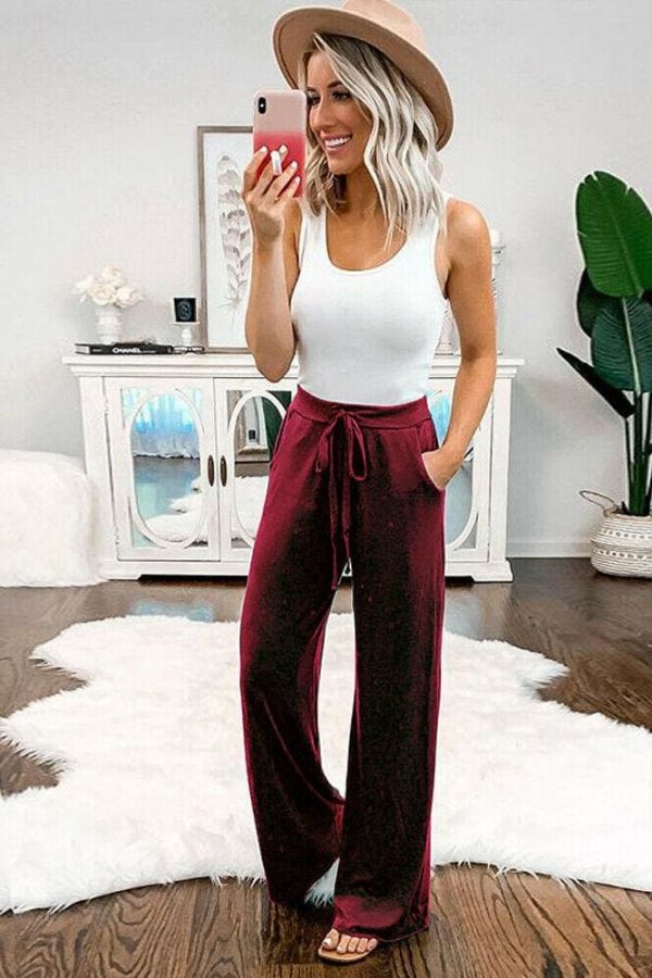 The Best Women Summer Beach High Waist Lace-up Drawstring Elastic Long Pants Online - Takalr