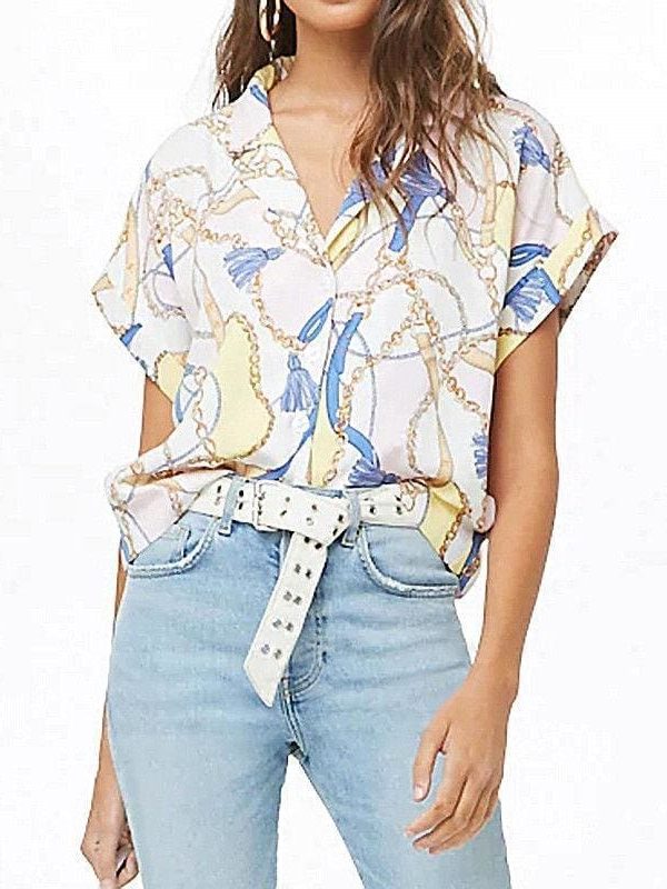 The Best Women Summer Blouse Print  Short Sleeve Chiffon   Shirt Loose Tops Online - Takalr