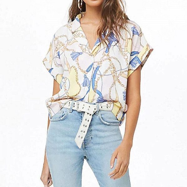 The Best Women Summer Blouse Print  Short Sleeve Chiffon   Shirt Loose Tops Online - Takalr