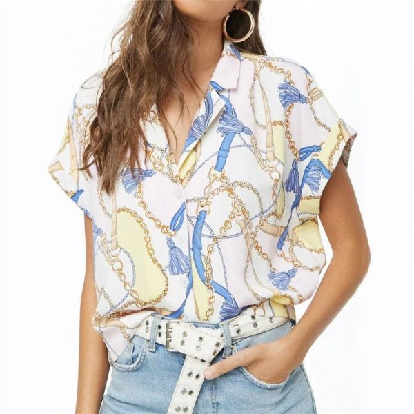 The Best Women Summer Blouse Print  Short Sleeve Chiffon   Shirt Loose Tops Online - Takalr