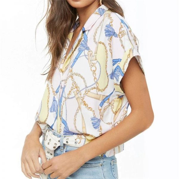 The Best Women Summer Blouse Print  Short Sleeve Chiffon   Shirt Loose Tops Online - Takalr