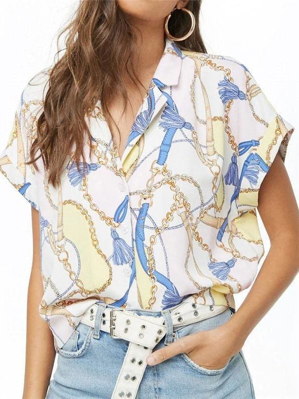 The Best Women Summer Blouse Print  Short Sleeve Chiffon   Shirt Loose Tops Online - Takalr