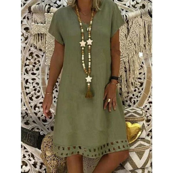 The Best Women Summer Boho Short Sleeve Dress Solid V Neck Beach Loose Tops Dresses Online - Takalr