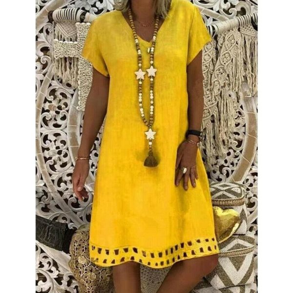 The Best Women Summer Boho Short Sleeve Dress Solid V Neck Beach Loose Tops Dresses Online - Takalr