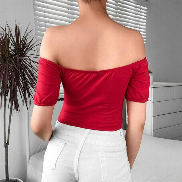 The Best Women Summer Casual Off Shoulder Crop Top Vest Fashion Sexy Slash Neck Letter Beach Short Slim Tee T-shirts Online - Takalr