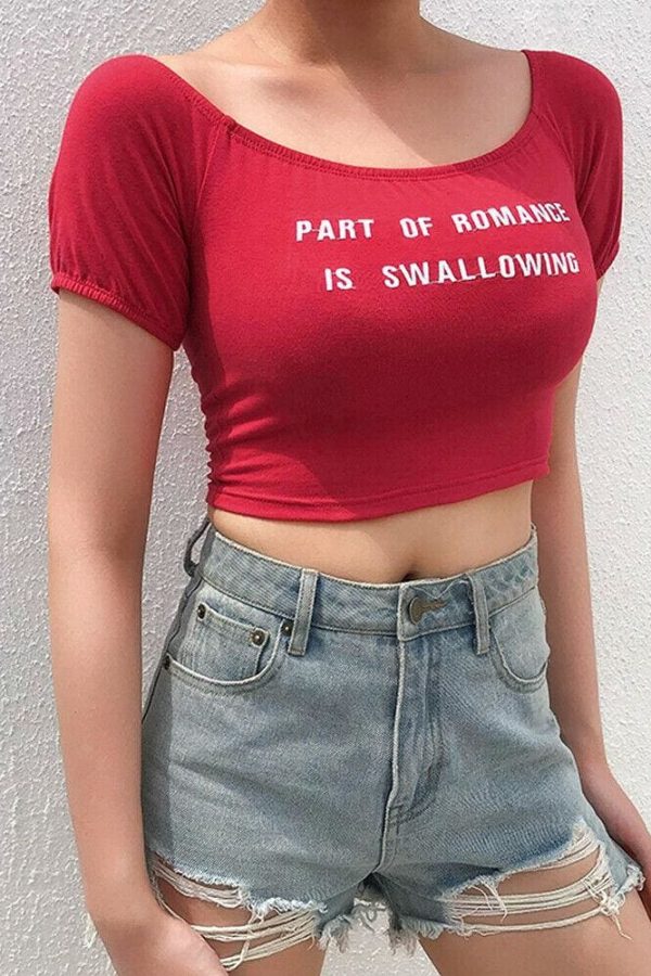 The Best Women Summer Casual Off Shoulder Crop Top Vest Fashion Sexy Slash Neck Letter Beach Short Slim Tee T-shirts Online - Takalr