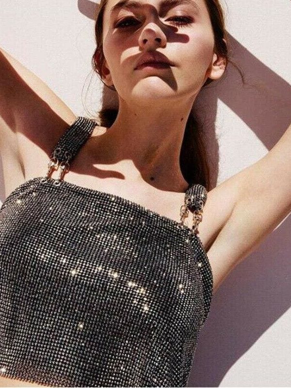 The Best Women Summer Sleeveless Sequin Crop Top Vest Sheer Metal Chainmail Sparkly Bra Tank Top Blouse Ladies Casual Clothes Online - Takalr