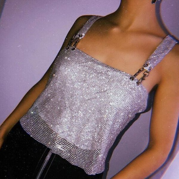 The Best Women Summer Sleeveless Sequin Crop Top Vest Sheer Metal Chainmail Sparkly Bra Tank Top Blouse Ladies Casual Clothes Online - Takalr