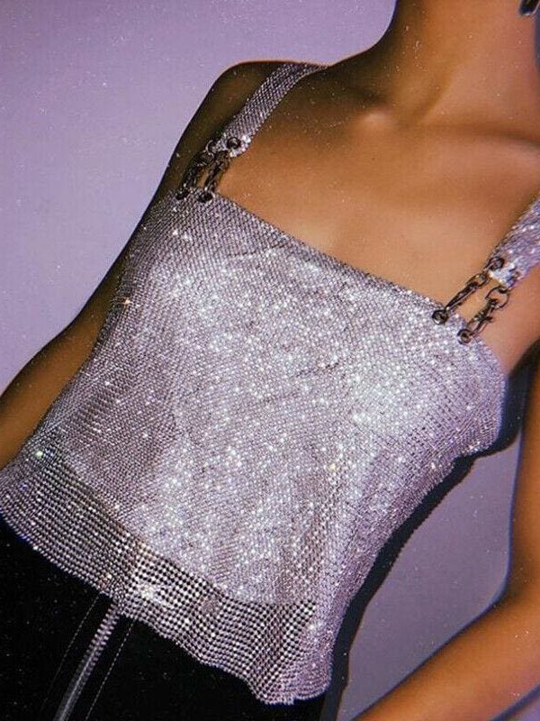 The Best Women Summer Sleeveless Sequin Crop Top Vest Sheer Metal Chainmail Sparkly Bra Tank Top Blouse Ladies Casual Clothes Online - Takalr