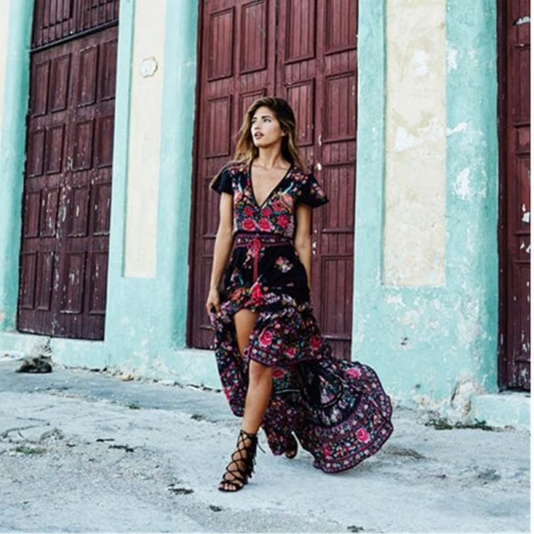 The Best Women Summer V Neck Vintage Boho Long Maxi Floral National Chiffon Dress Party Beach Dress Floral Sundress Online - Takalr