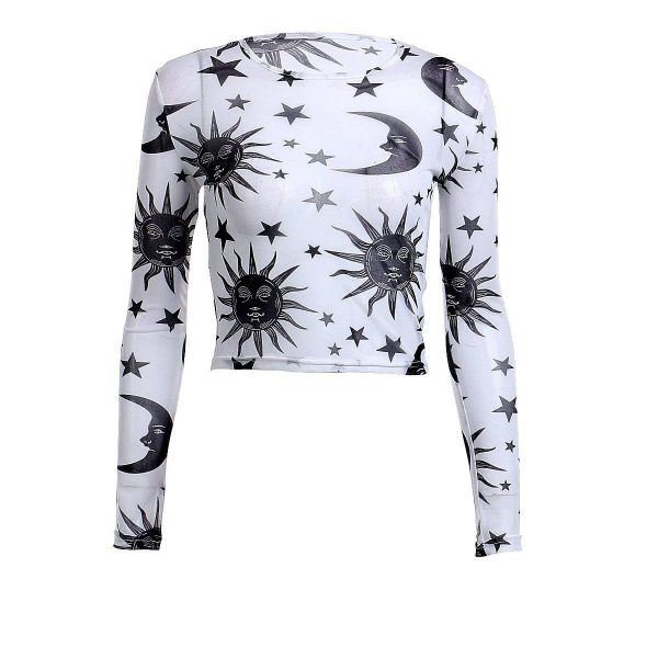 The Best Women Sun Moon Printed See Through Transparent Mesh Crop Tops Black White Long Sleeve Sheer Slim Ladies Round Neck T-Shirt Online - Takalr