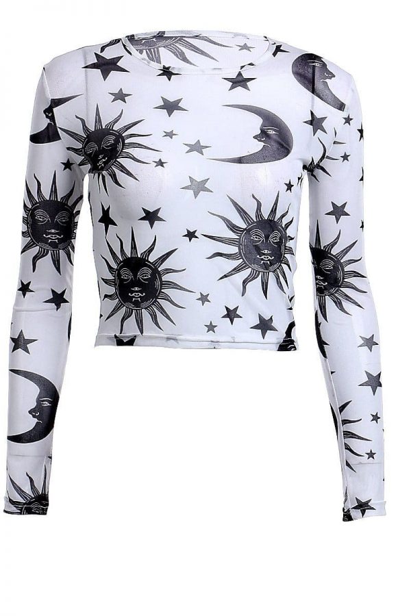 The Best Women Sun Moon Printed See Through Transparent Mesh Crop Tops Black White Long Sleeve Sheer Slim Ladies Round Neck T-Shirt Online - Takalr