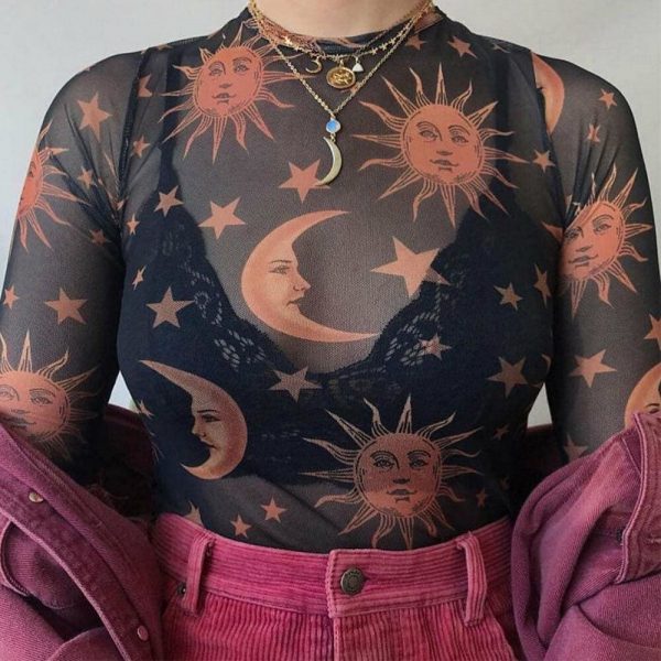 The Best Women Sun Moon Printed See Through Transparent Mesh Crop Tops Black White Long Sleeve Sheer Slim Ladies Round Neck T-Shirt Online - Takalr