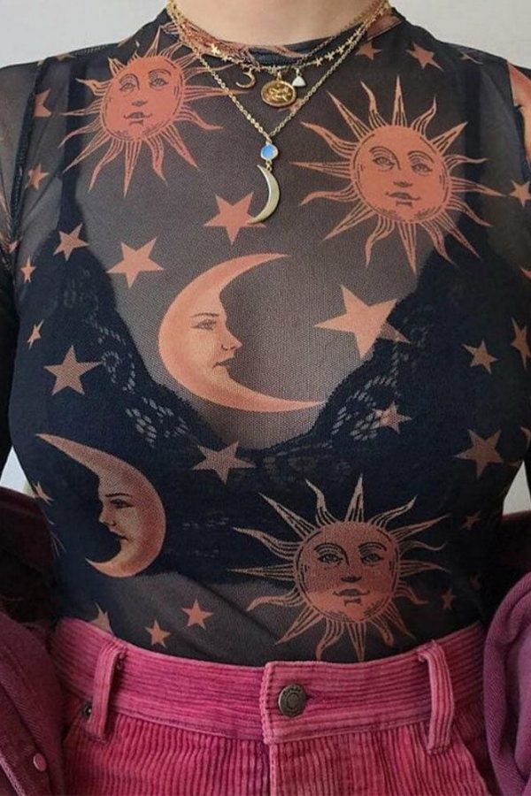 The Best Women Sun Moon Printed See Through Transparent Mesh Crop Tops Black White Long Sleeve Sheer Slim Ladies Round Neck T-Shirt Online - Takalr