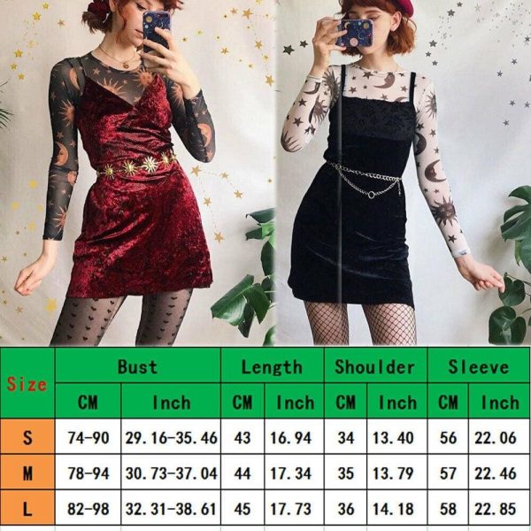 The Best Women Sun Moon Printed See Through Transparent Mesh Crop Tops Black White Long Sleeve Sheer Slim Ladies Round Neck T-Shirt Online - Takalr