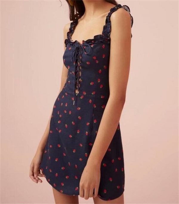 The Best Women Sweet Strawberry Print High Waist Strappy dress Online - Source Silk