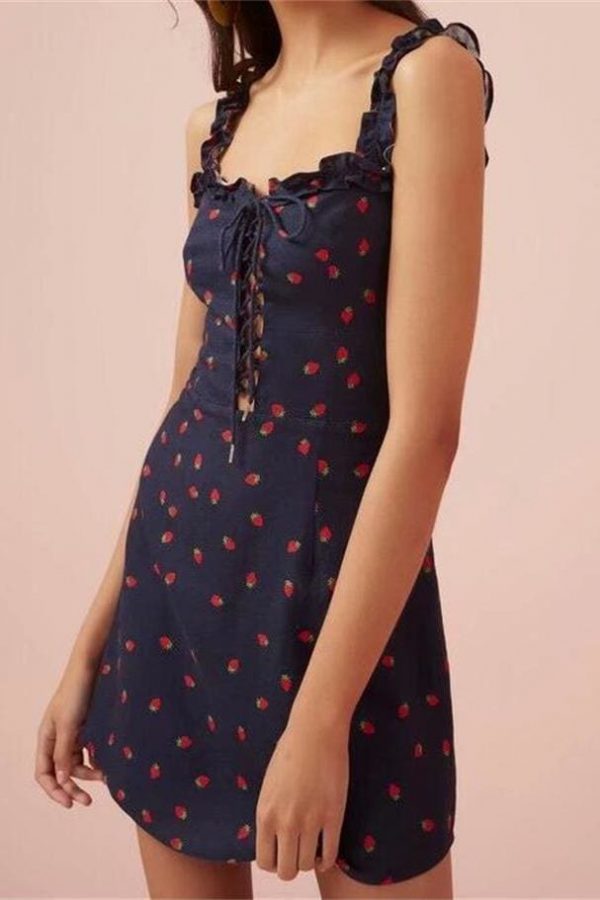 The Best Women Sweet Strawberry Print High Waist Strappy dress Online - Source Silk