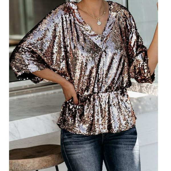 The Best Women Tops Sequins T Shirt Casual Party Short Sleeve Loose Tee Top Casual Tops Shirts Online - Takalr