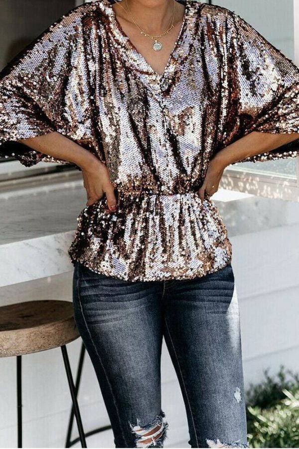 The Best Women Tops Sequins T Shirt Casual Party Short Sleeve Loose Tee Top Casual Tops Shirts Online - Takalr