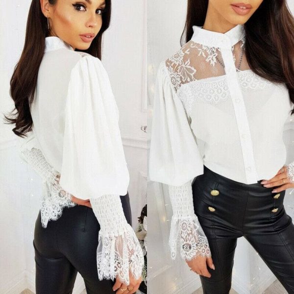 The Best Women Tops Shirts Lace Up Flare Sleeve T-Shirt Summer Solid Long Sleeve OL Blouse Online - Takalr