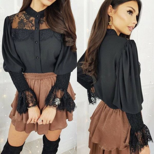 The Best Women Tops Shirts Lace Up Flare Sleeve T-Shirt Summer Solid Long Sleeve OL Blouse Online - Takalr