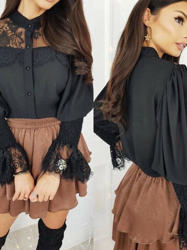 The Best Women Tops Shirts Lace Up Flare Sleeve T-Shirt Summer Solid Long Sleeve OL Blouse Online - Takalr