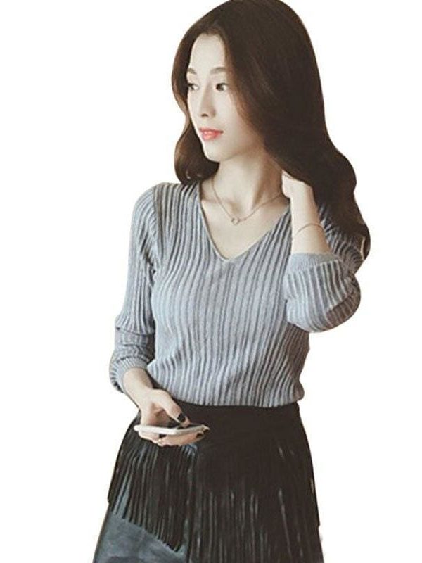 The Best Women Tops Solid Stripes Women's Knitted Shirts Online - Takalr