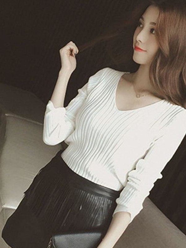 The Best Women Tops Solid Stripes Women's Knitted Shirts Online - Takalr