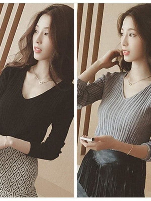 The Best Women Tops Solid Stripes Women's Knitted Shirts Online - Takalr