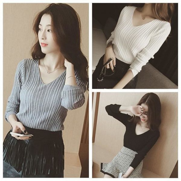 The Best Women Tops Solid Stripes Women's Knitted Shirts Online - Takalr