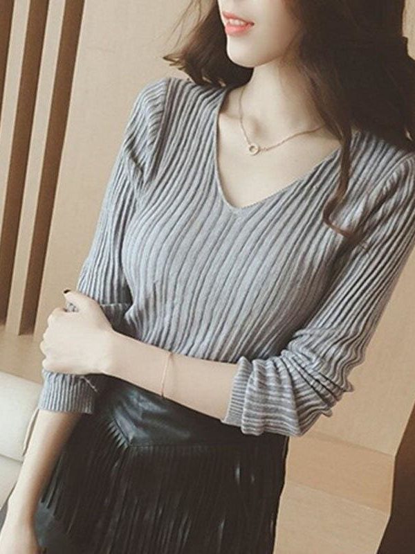 The Best Women Tops Solid Stripes Women's Knitted Shirts Online - Takalr