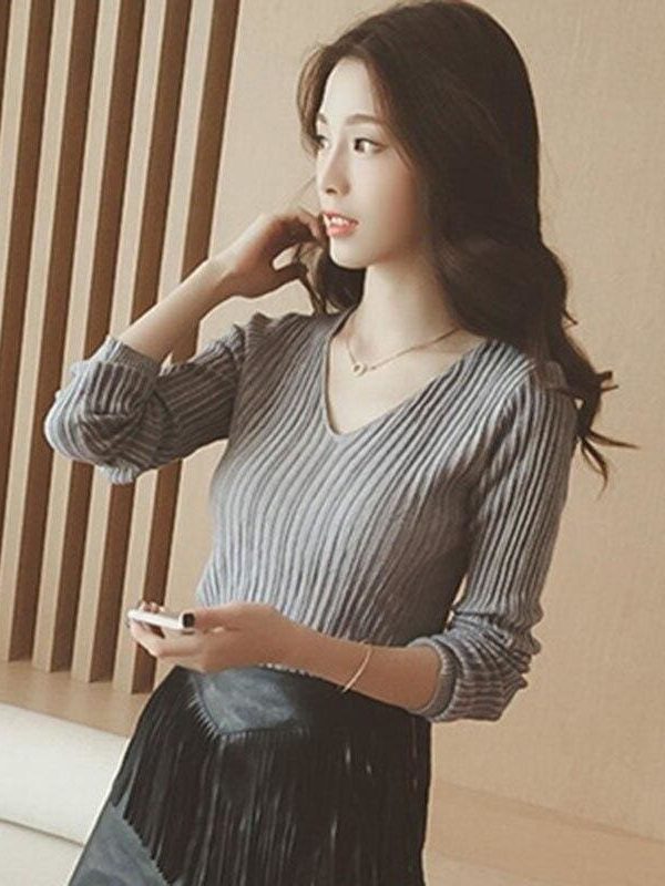 The Best Women Tops Solid Stripes Women's Knitted Shirts Online - Takalr