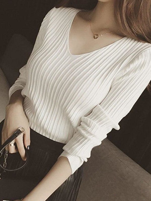 The Best Women Tops Solid Stripes Women's Knitted Shirts Online - Takalr