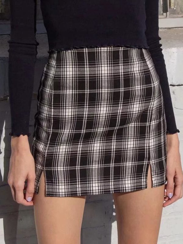 The Best Women White and Black Plaid Print Mini Skirt with Online - Takalr