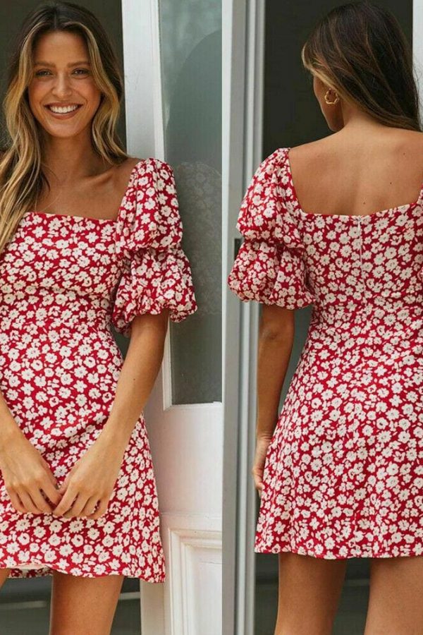 The Best Women Wrap Boho Print Dress Ladies Holiday Beach Short Sleeve Square Neck Mini Dress Online - Takalr