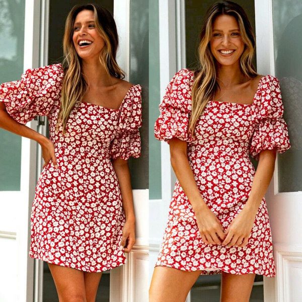 The Best Women Wrap Boho Print Dress Ladies Holiday Beach Short Sleeve Square Neck Mini Dress Online - Takalr