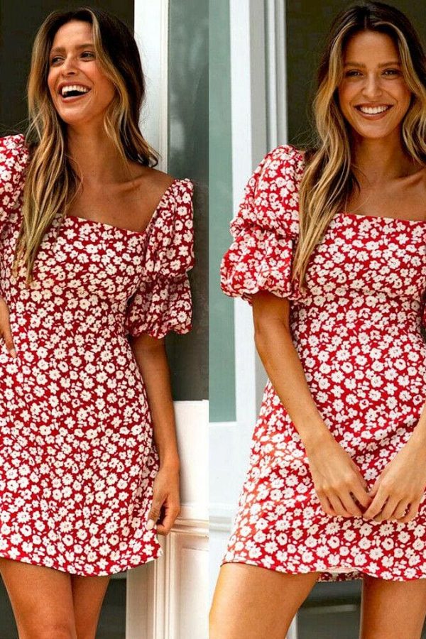 The Best Women Wrap Boho Print Dress Ladies Holiday Beach Short Sleeve Square Neck Mini Dress Online - Takalr