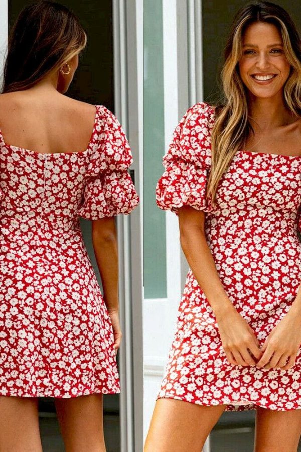 The Best Women Wrap Boho Print Dress Ladies Holiday Beach Short Sleeve Square Neck Mini Dress Online - Takalr