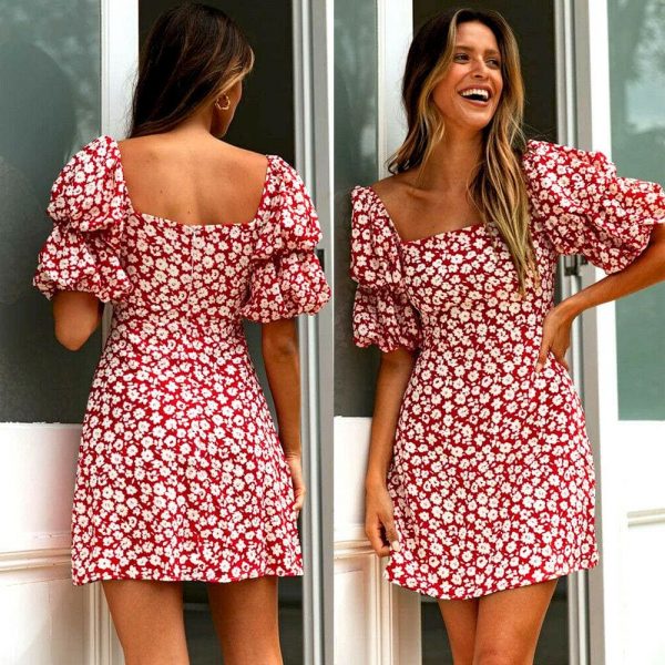 The Best Women Wrap Boho Print Dress Ladies Holiday Beach Short Sleeve Square Neck Mini Dress Online - Takalr