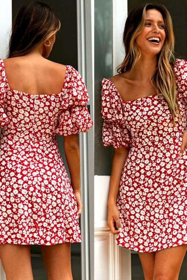 The Best Women Wrap Boho Print Dress Ladies Holiday Beach Short Sleeve Square Neck Mini Dress Online - Takalr