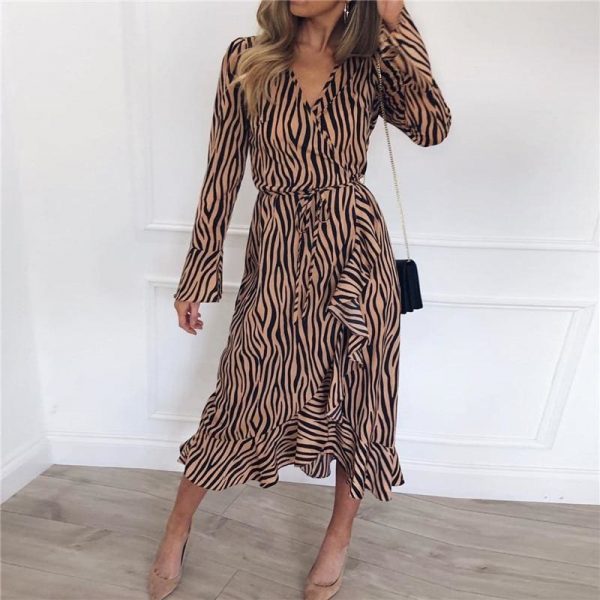 The Best Women Zebra Print Beach Bohemian Long Sleeve V Neck Ruffle Dress Online - Takalr