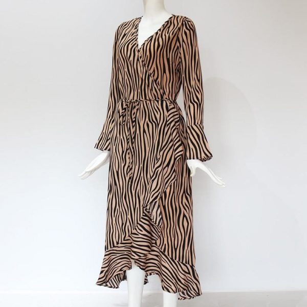 The Best Women Zebra Print Beach Bohemian Long Sleeve V Neck Ruffle Dress Online - Takalr