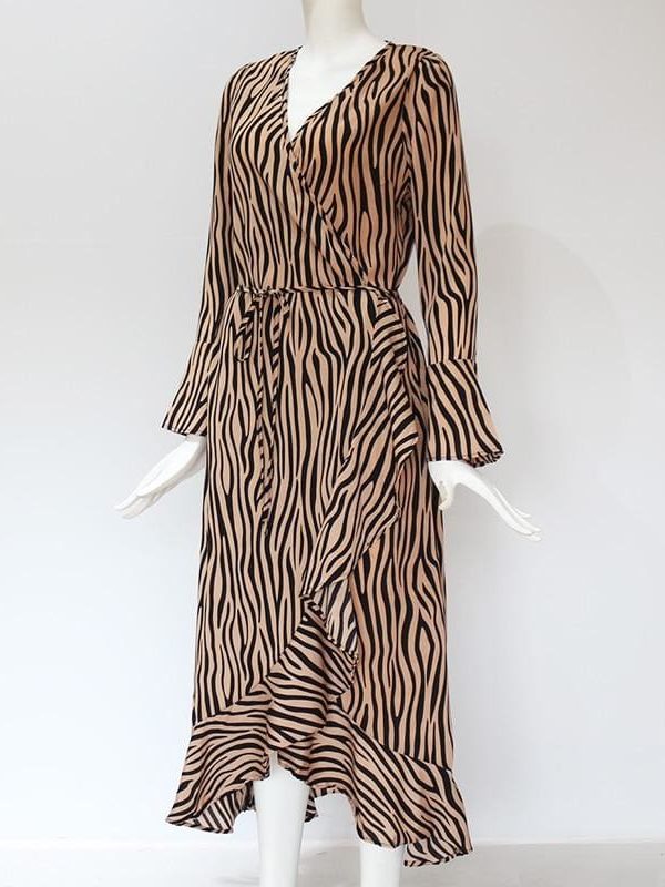 The Best Women Zebra Print Beach Bohemian Long Sleeve V Neck Ruffle Dress Online - Takalr