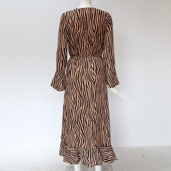 The Best Women Zebra Print Beach Bohemian Long Sleeve V Neck Ruffle Dress Online - Takalr