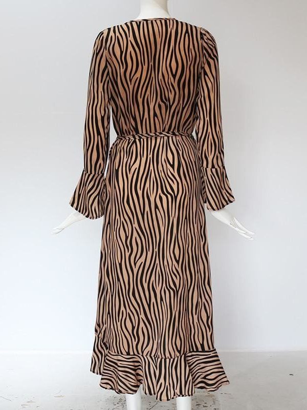 The Best Women Zebra Print Beach Bohemian Long Sleeve V Neck Ruffle Dress Online - Takalr