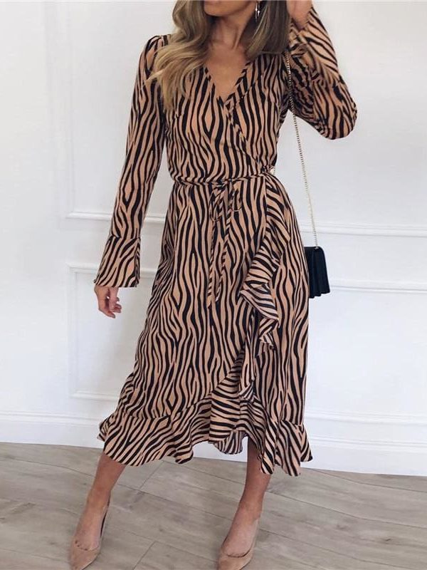 The Best Women Zebra Print Beach Bohemian Long Sleeve V Neck Ruffle Dress Online - Takalr