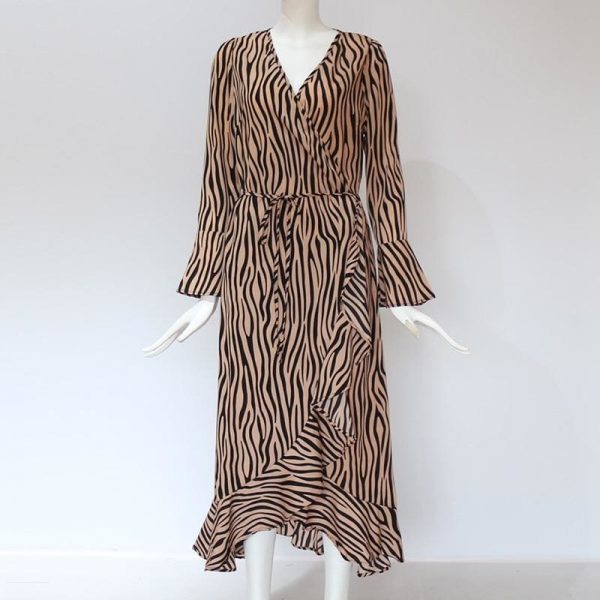 The Best Women Zebra Print Beach Bohemian Long Sleeve V Neck Ruffle Dress Online - Takalr